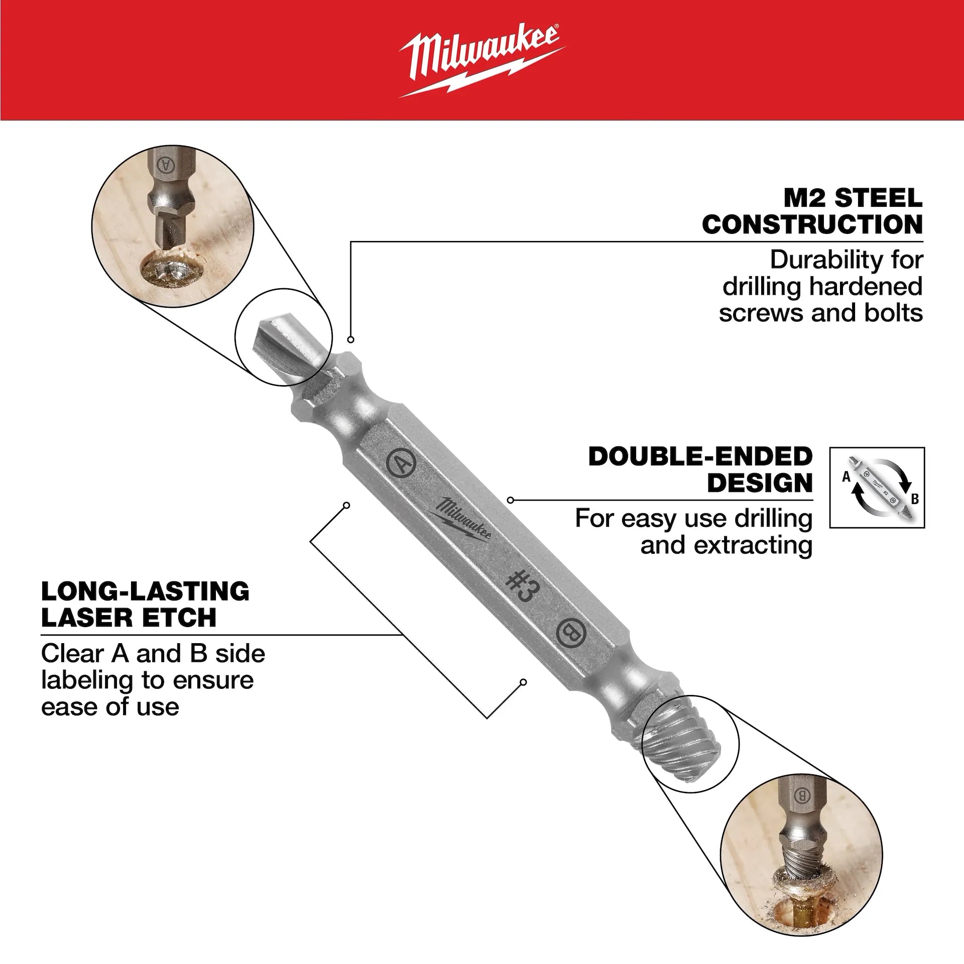 Milwaukee 49-57-9001 - 4PC M2 Steel Screw Extractor Set