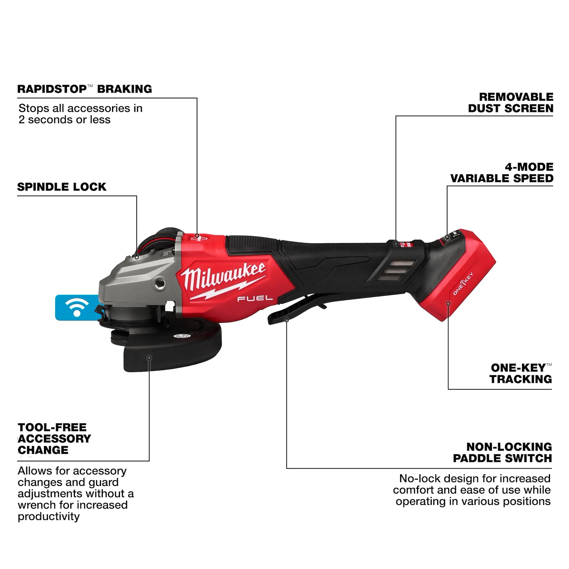 Milwaukee 3672-20 - M18 FUEL™ 4-1/2"-6" Variable Speed Braking Grinder, Paddle Switch w/ ONE-KEY™