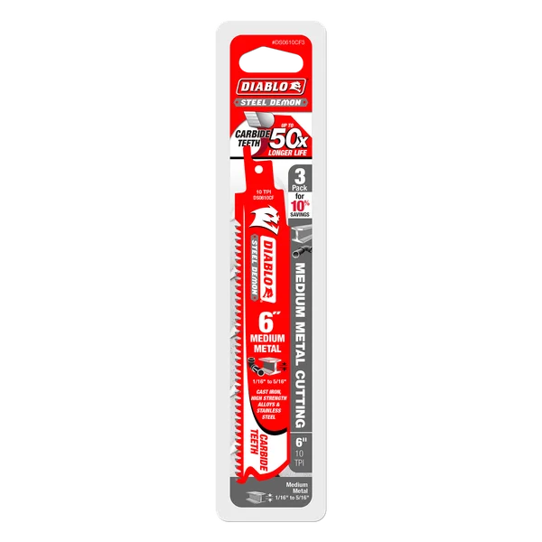 Diablo DS0610CF3 - 6" 10 TPI Steel Demon™ Carbide Teeth Reciprocating Saw Blades for Medium Metal (3-pk)