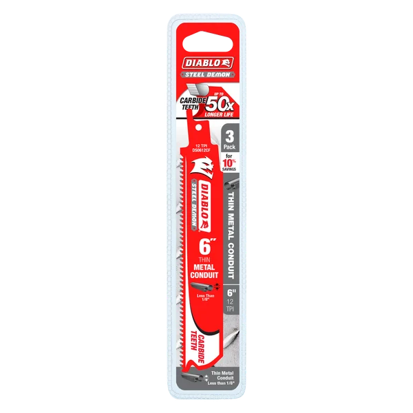 Diablo DS0612CF3 - 6" 12TPI Steel Demon™ Carbide Teeth Reciprocating Saw Blades for Thin Metal Conduit (3-pk)