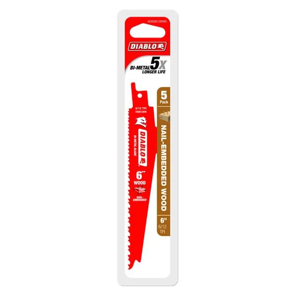 Diablo DS0612BW5 - 6" 6/12TPI Bi-Metal Reciprocating Saw Blades for Nail-Embedded Wood (5-pk)