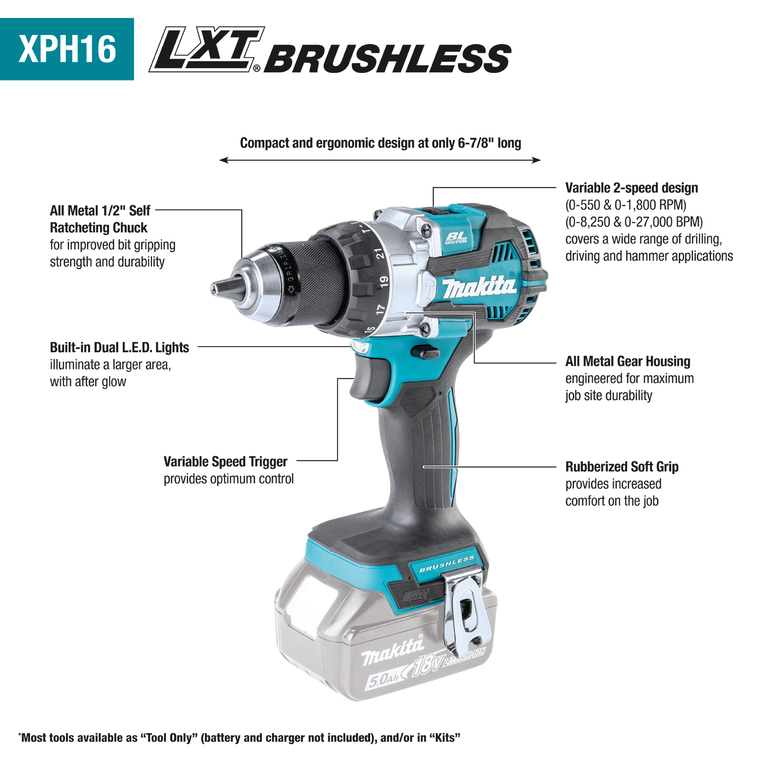Makita XPH16Z - 18V LXT® Lithium‑Ion Compact Brushless Cordless 1/2" Hammer Driver‑Drill