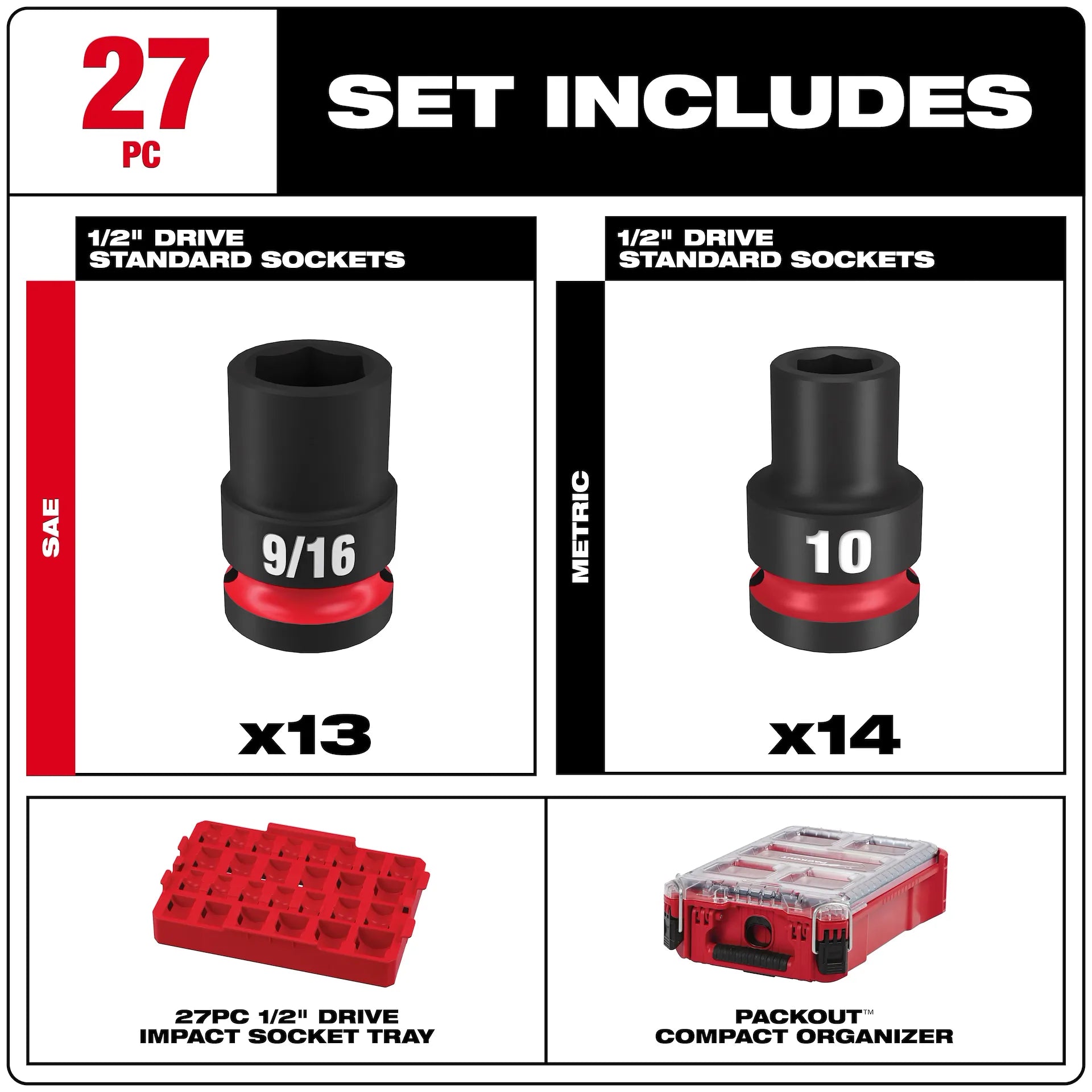 Milwaukee 49-66-6804 - 27PC SHOCKWAVE™ Impact Duty Socket 1/2” Drive MM & SAE Set with PACKOUT™