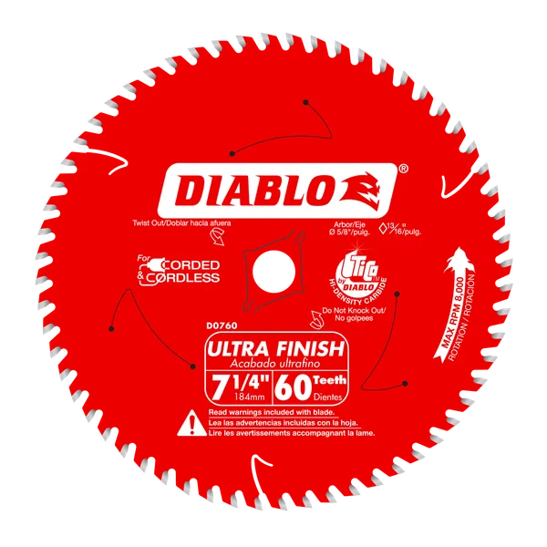 Diablo D0760A - 7-1/4" x 60-Teeth Ultra Finish Carbide Saw Blade for Wood