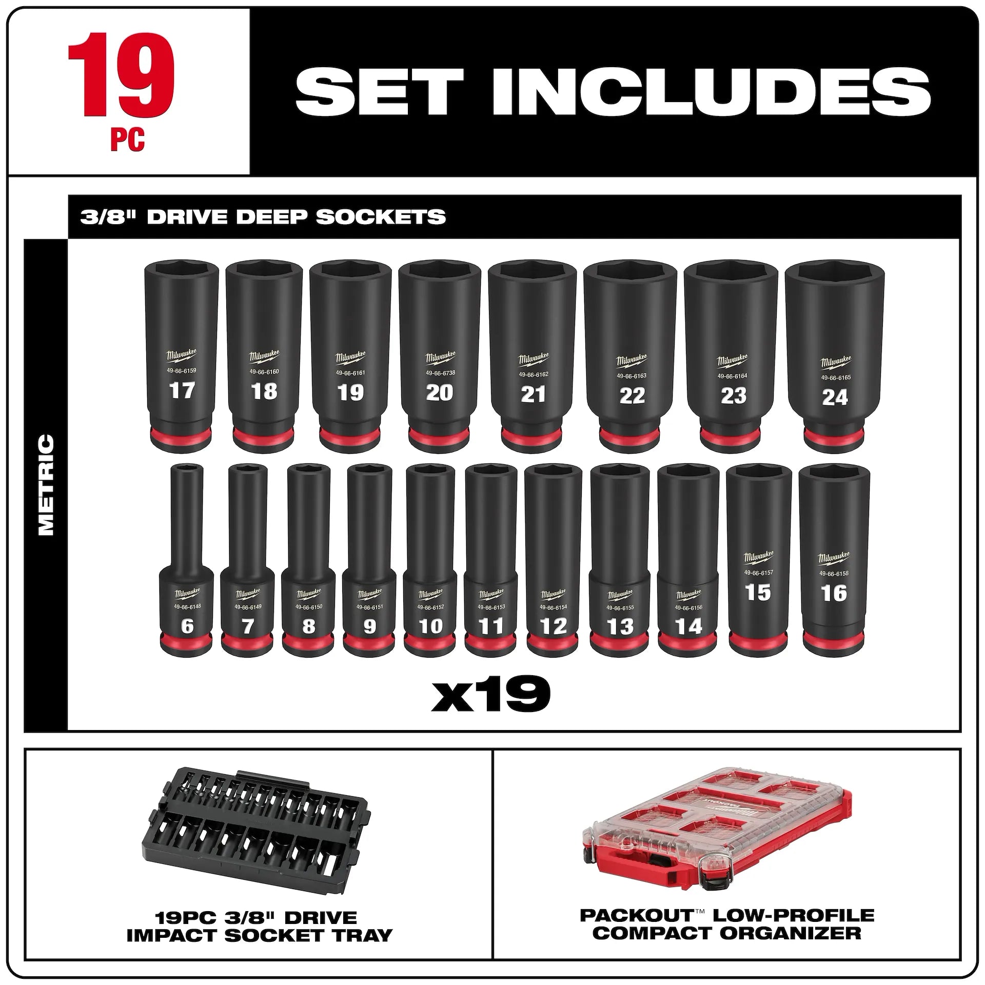Milwaukee 49-66-6801 - 19PC SHOCKWAVE™ Impact Duty Socket 3/8” Drive MM Set with PACKOUT™
