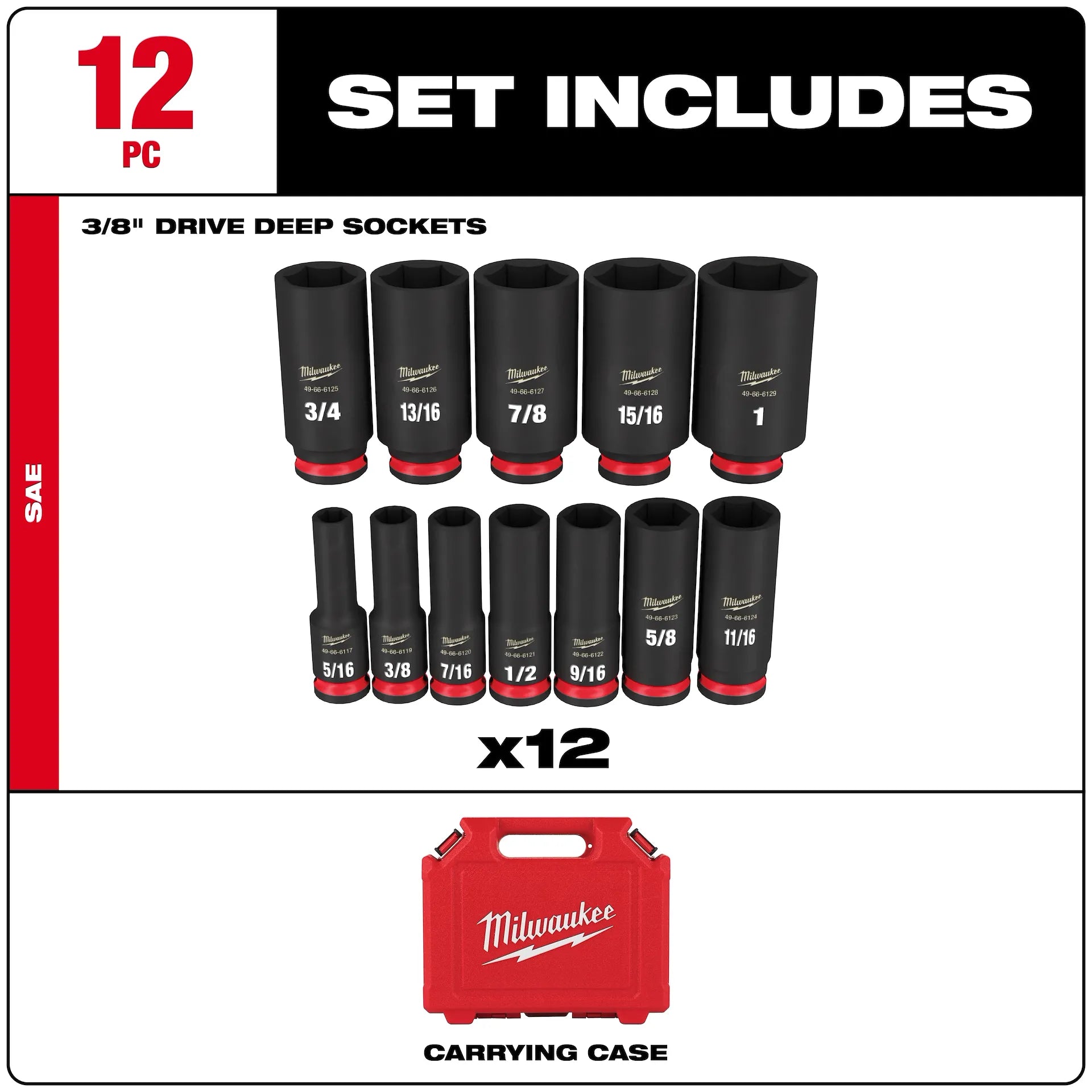 Milwaukee 49-66-7006 - 12PC SHOCKWAVE™ Impact Duty 3/8" Drive SAE Deep 6 Point Socket Set
