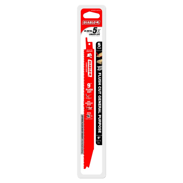 Diablo DS0914AFC5 - 9" 10/14TPI Flush Cut Bi-Metal Reciprocating Blades for Nail-Embedded Wood and Metal (5-pk)