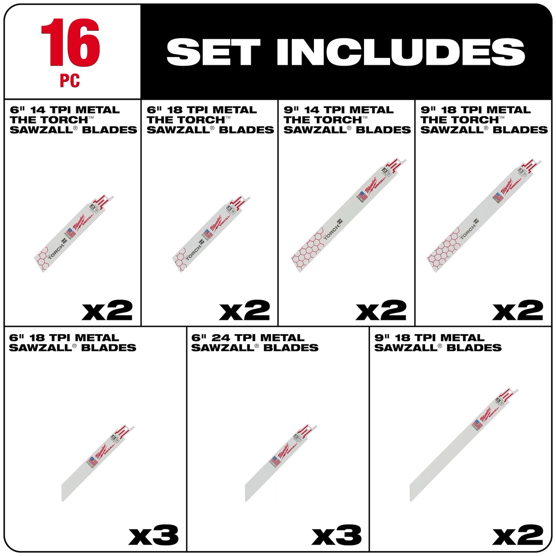 Milwaukee 49-22-1216 - 16PC Metal Cutting SAWZALL® Blade Set