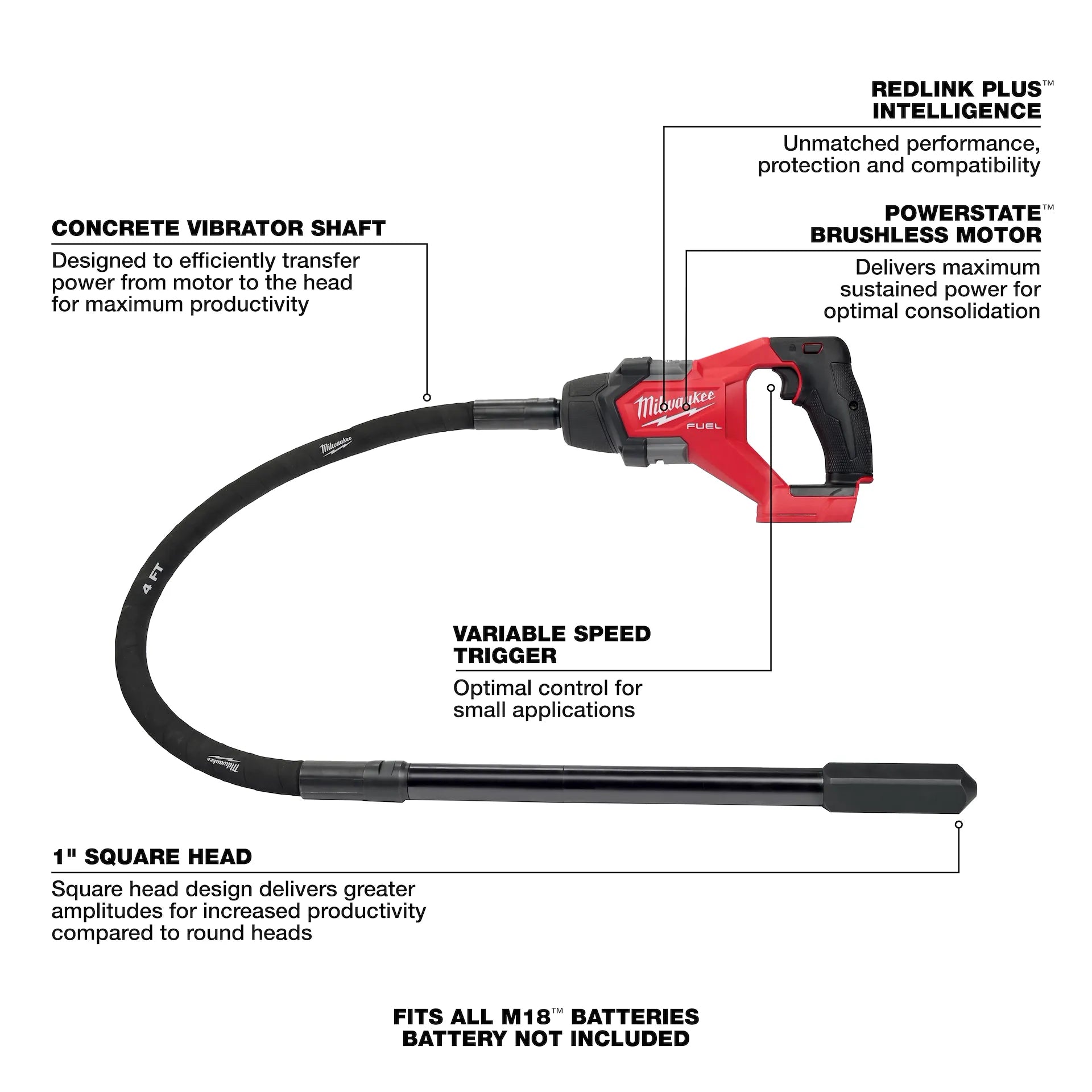 Milwaukee 2910-20 - M18 FUEL 4' Concrete Pencil Vibrator
