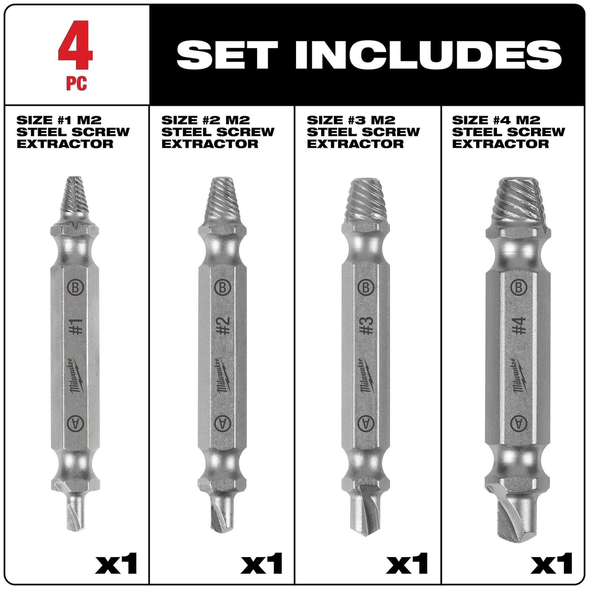 Milwaukee 49-57-9001 - 4PC M2 Steel Screw Extractor Set