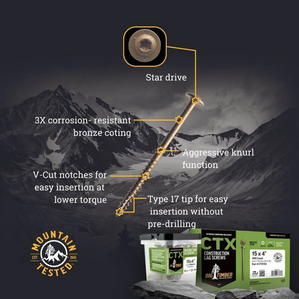 Big Timber CTX174-25 - #17 x 4" Construction Lag Screws, T-40, Round Washer Head (25/Box)