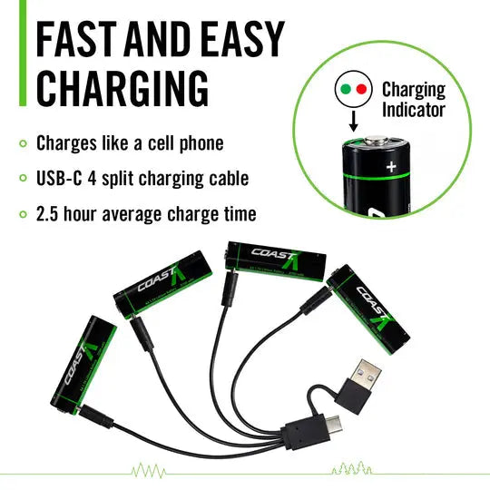 Coast - 4pk Zithion-X Rechargeable USB-C Batteries with Charging Cable COAST