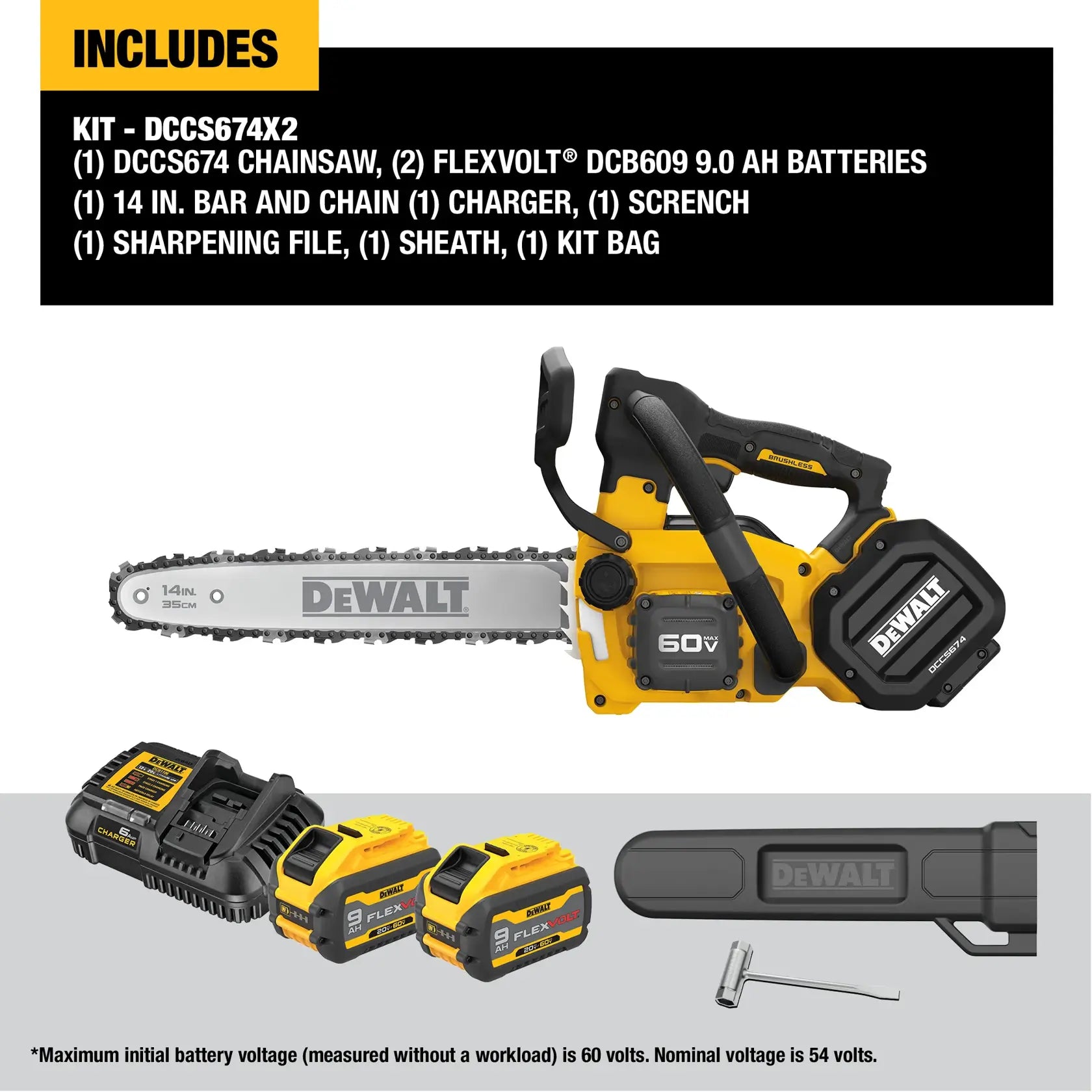 DEWALT DCCS674X2 - 60V MAX 14-in. Brushless Cordless Top Handle Chainsaw Kit