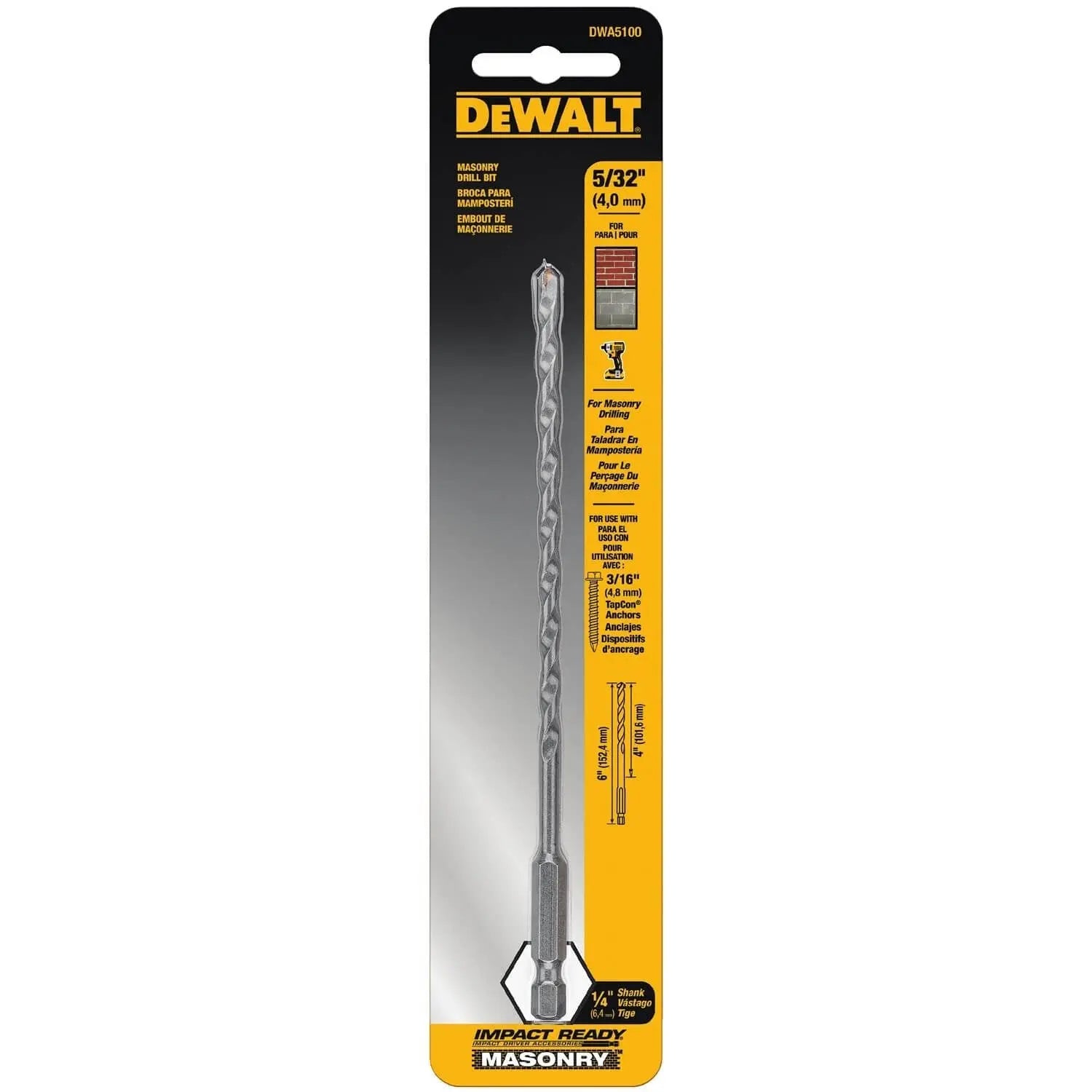 DEWALT DWA5100-Impact Ready Masonry Bit, 5/32" X 4" X 6" - Wise Line Tools