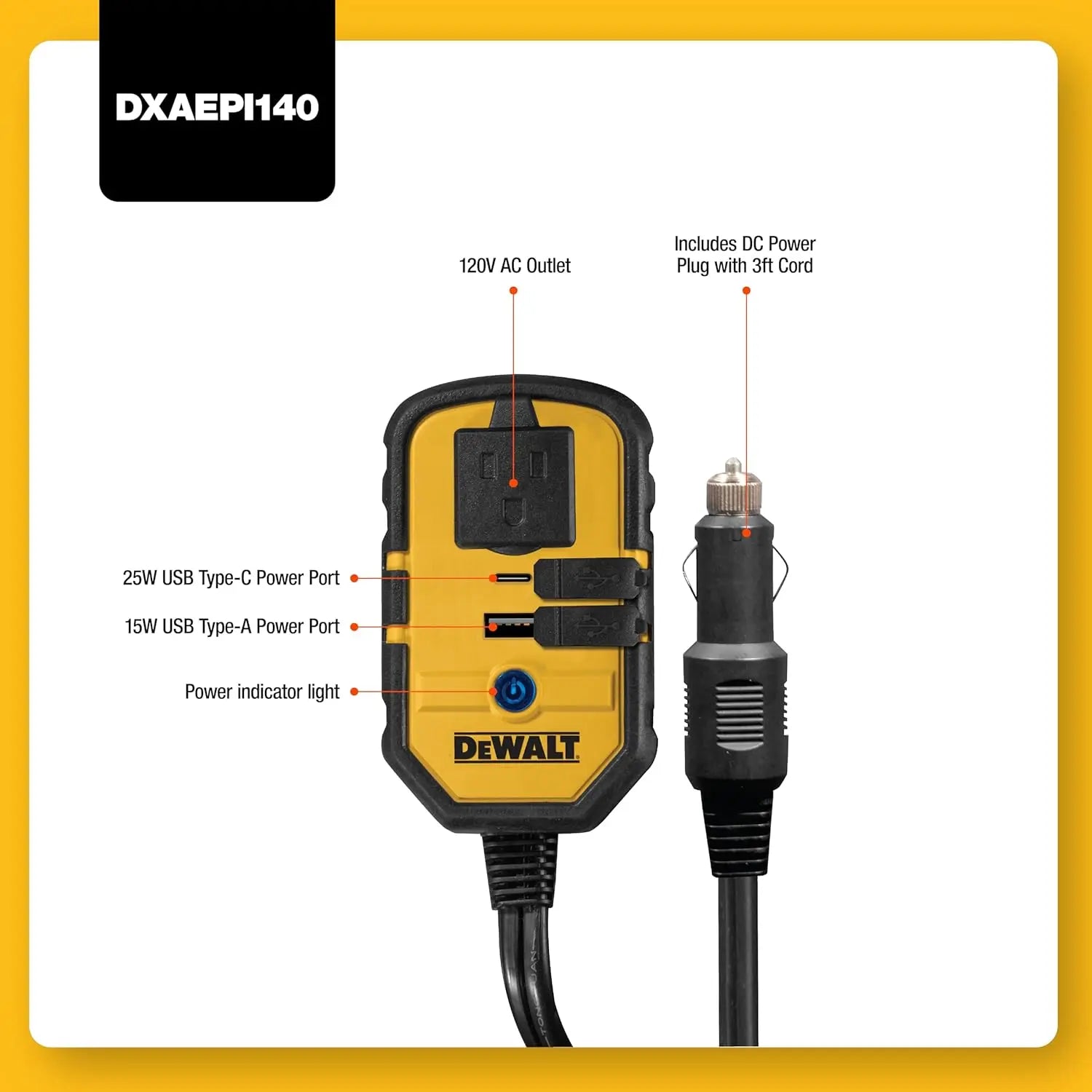 DEWALT DXAEPI140 - 140-Watt Portable Power Inverter for Car with Dual USB Ports