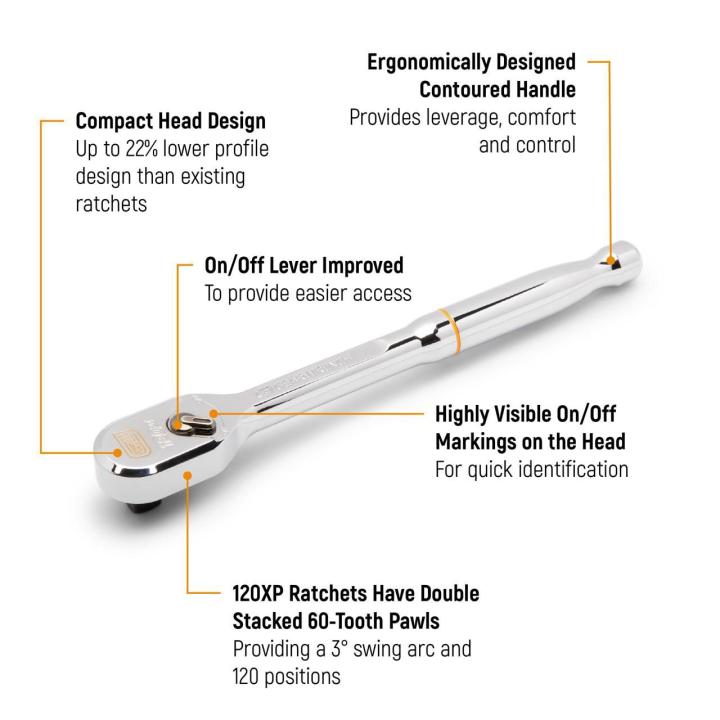 Gearwrench 81212XP - 3/8" Drive 120XP™ Full Polish Chrome Stubby Flex Head Teardrop Ratchet 4-3/4"