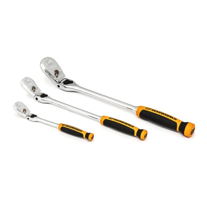 Gearwrench 81298T - 3 Piece 1/4", 3/8" & 1/2" Drive 90-Tooth Dual Material Locking Flex Head Ratchet Set
