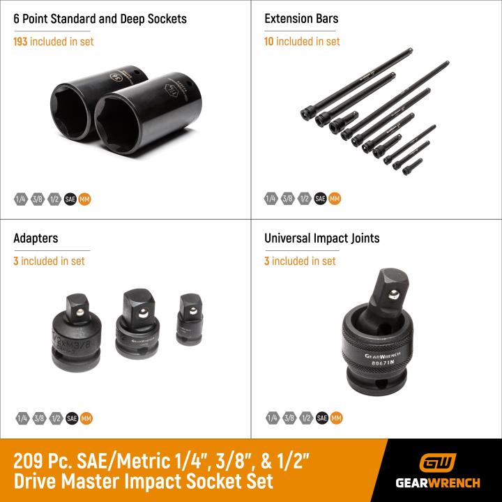 Gearwrench 89072 - 209 Piece 1/4", 3/8" & 1/2" 6 Point SAE/Metric Standard & Deep Master Impact Socket Set