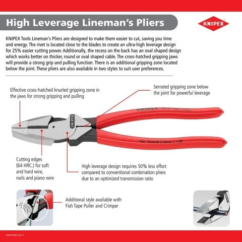 Knipex 0912240SBA - 9 1/2" High Leverage Lineman's Pliers New England with Fish Tape Puller & Crimper