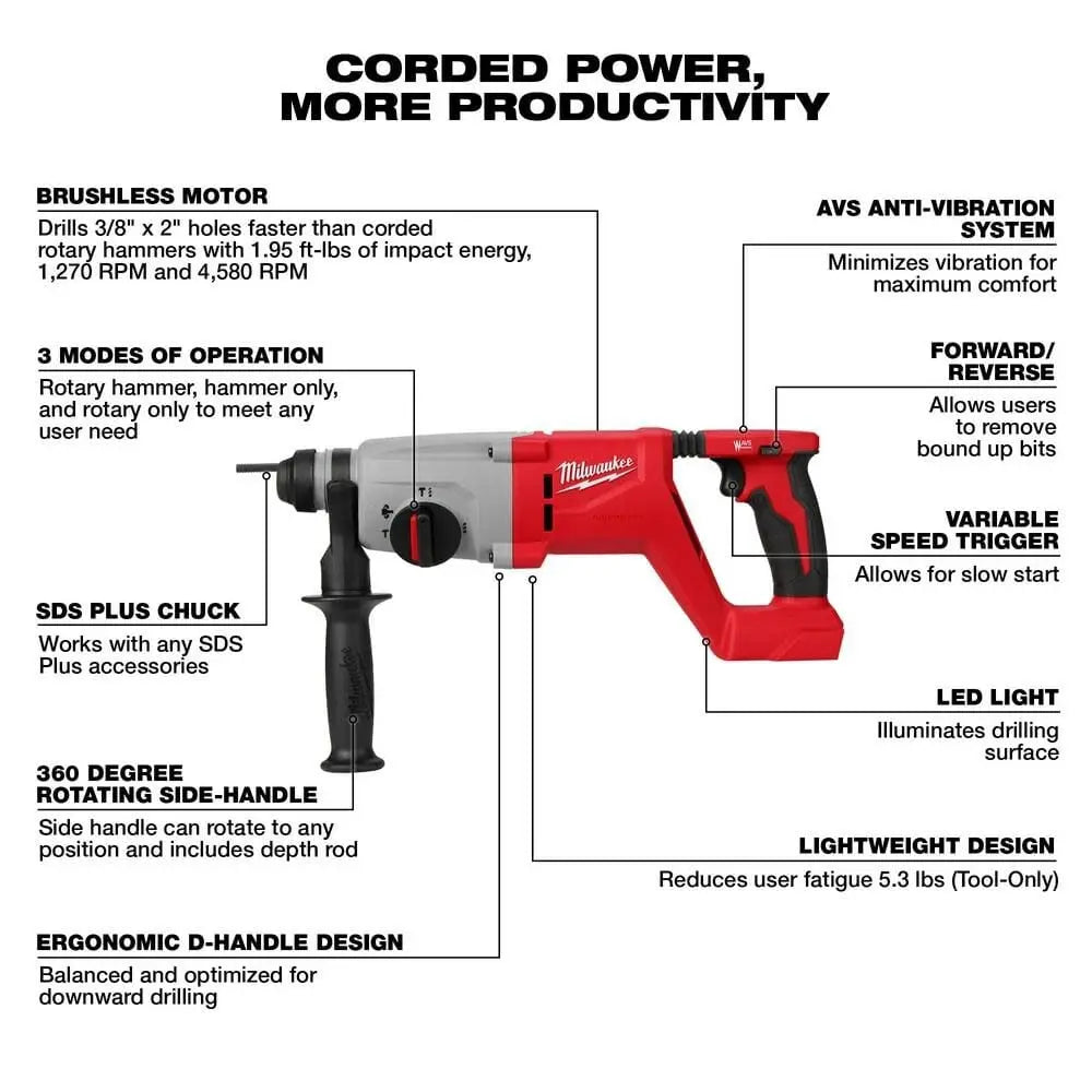 Milwaukee 2613-20 - M18™ Brushless 1” SDS Plus D-Handle Rotary Hammer - Wise Line Tools