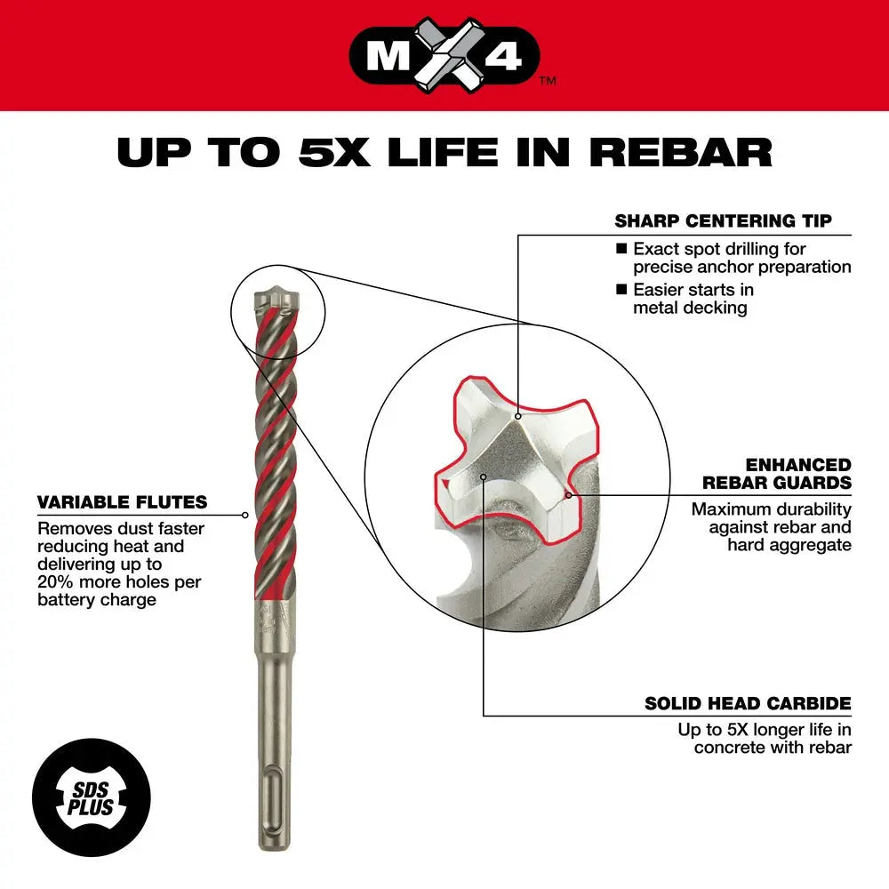 Milwaukee 48-20-7374 - SDS-Plus 4-Cutter MX4™ 1/2 in. x 10 in. x 12 in. - Wise Line Tools
