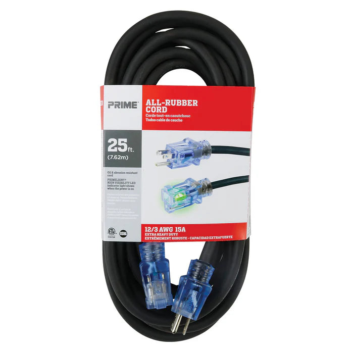 PRIME SEEC732825 - 25ft 12/3 SJOOW All-Rubber Outdoor Extension Cord