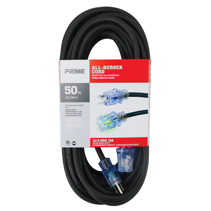 PRIME SEEC732830 - 50ft 12/3 SJOOW All-Rubber Outdoor Extension Cord
