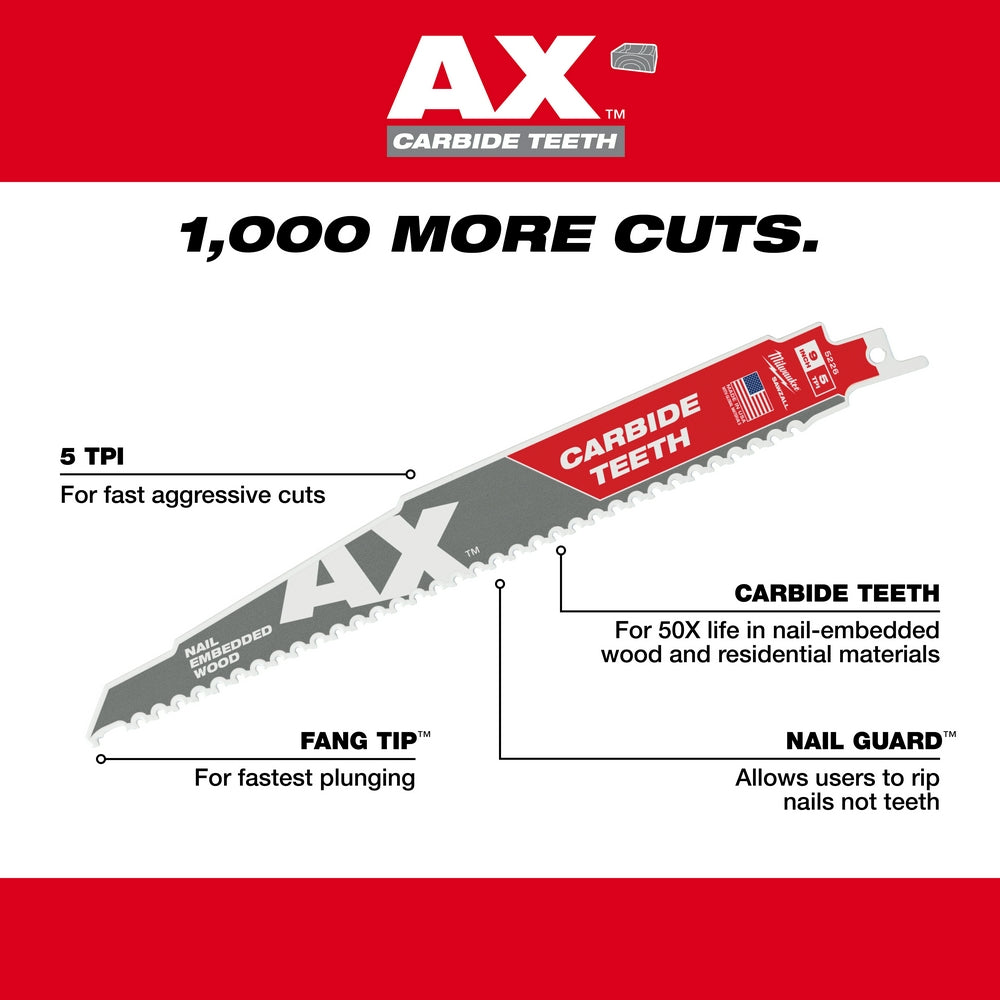 Milwaukee 48-00-5526 - 9 in. 5 TPI The Ax™ Carbide Teeth SAWZALL® Blades 5PK - Wise Line Tools