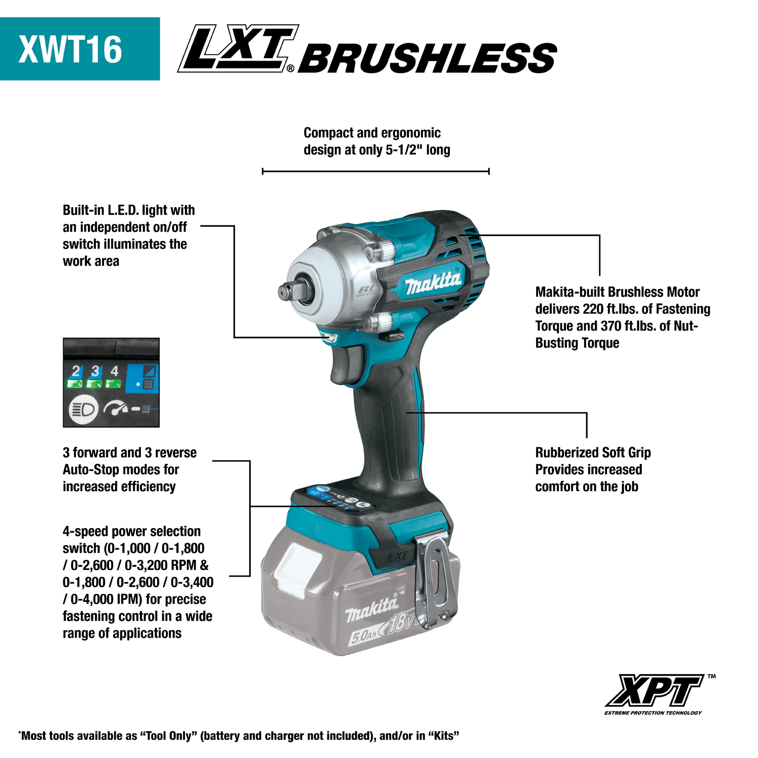 Makita XWT16Z - 18V LXT® Lithium‑Ion Brushless Cordless 4‑Speed 3/8" Drive Impact Wrench