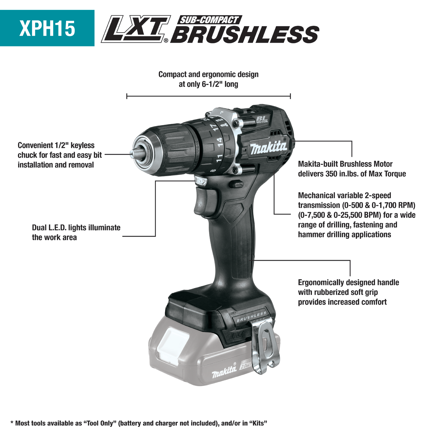 Makita XPH15ZB - 18V LXT® Lithium‑Ion Sub‑Compact Brushless Cordless 1/2" Hammer Driver‑Drill