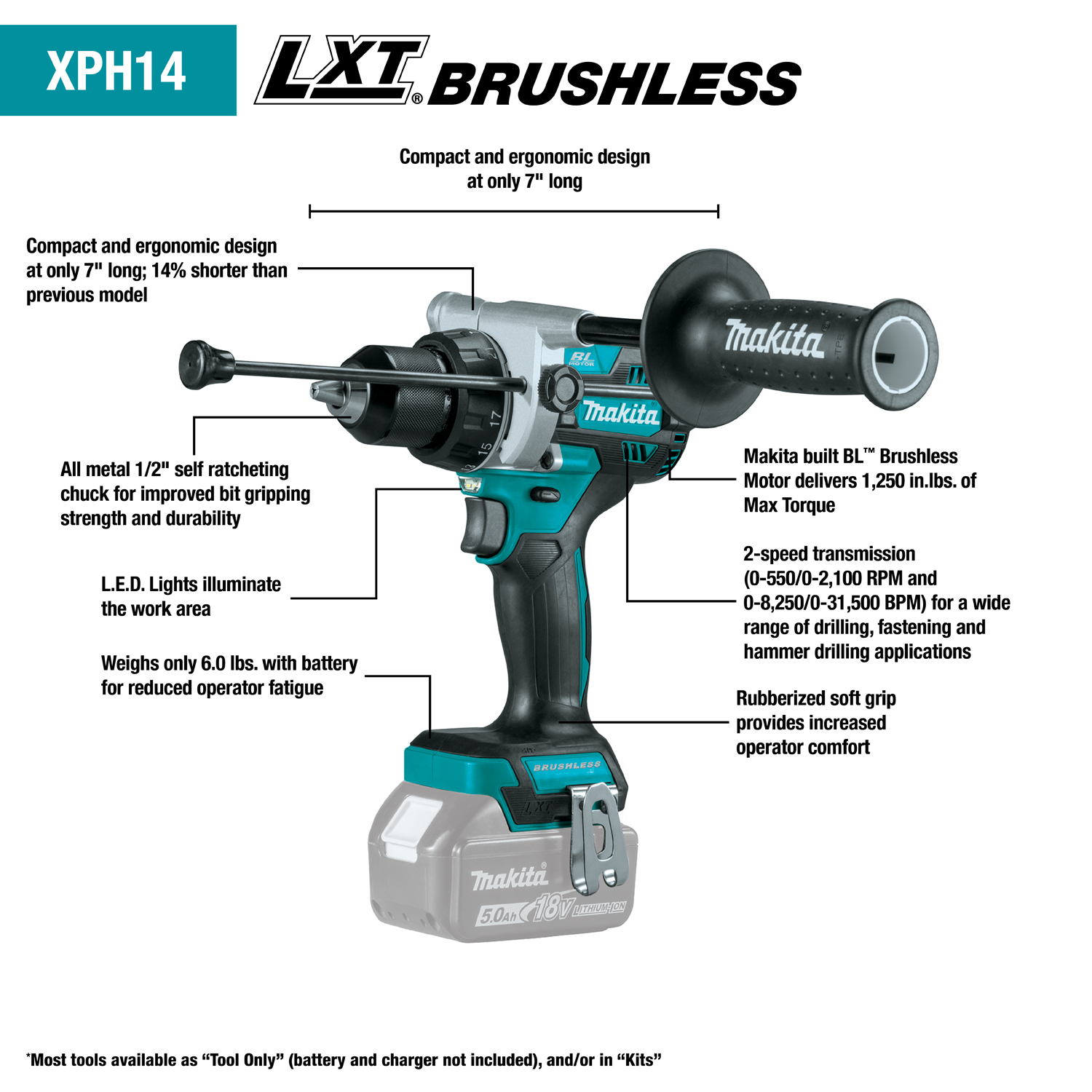 Makita XPH14Z - 18V LXT® Lithium‑Ion Brushless Cordless 1/2" Hammer Driver‑Drill