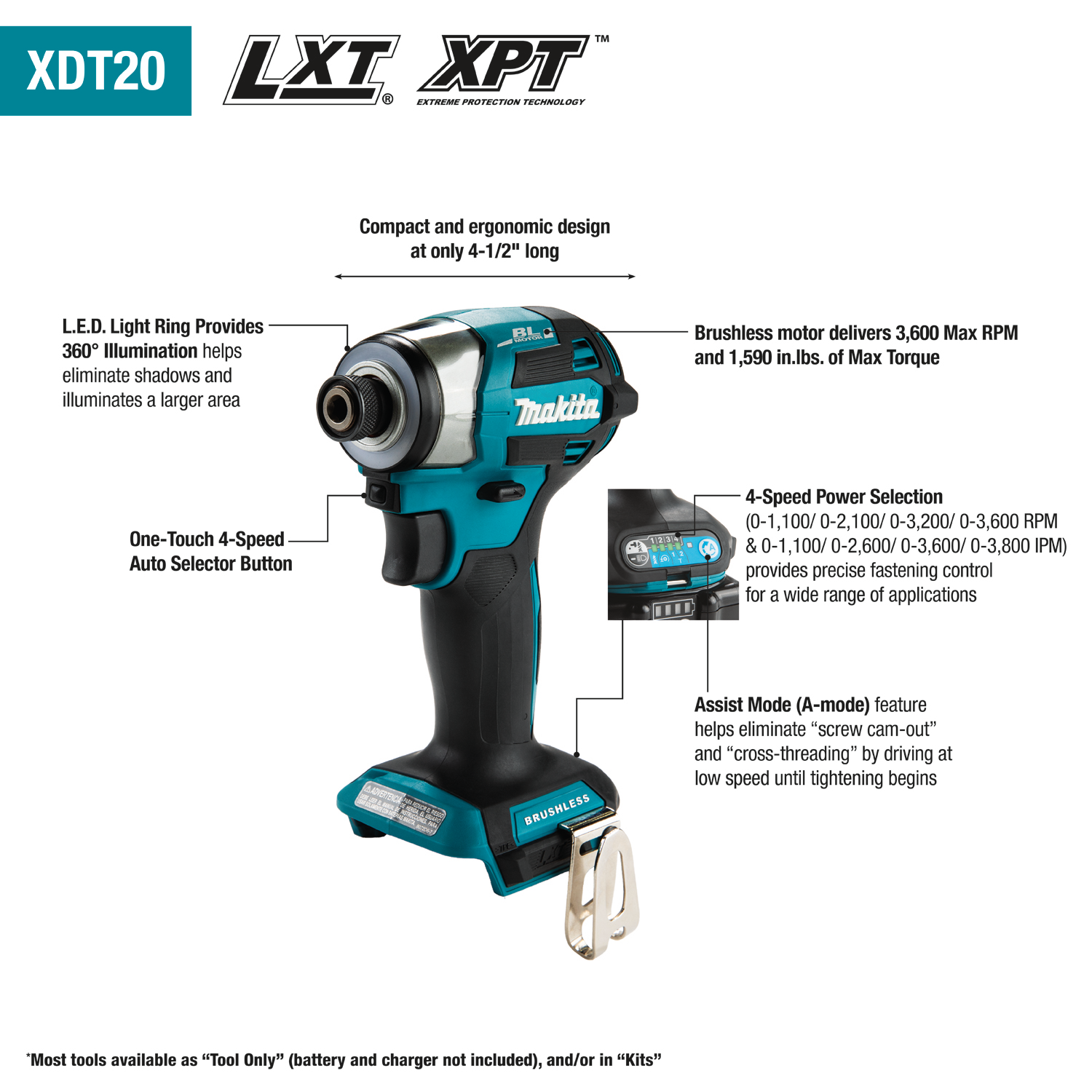 Makita XDT20Z - 18V LXT® Lithium‑Ion Brushless Cordless Quick‑Shift Mode™ 4‑Speed Impact Driver, Tool Only
