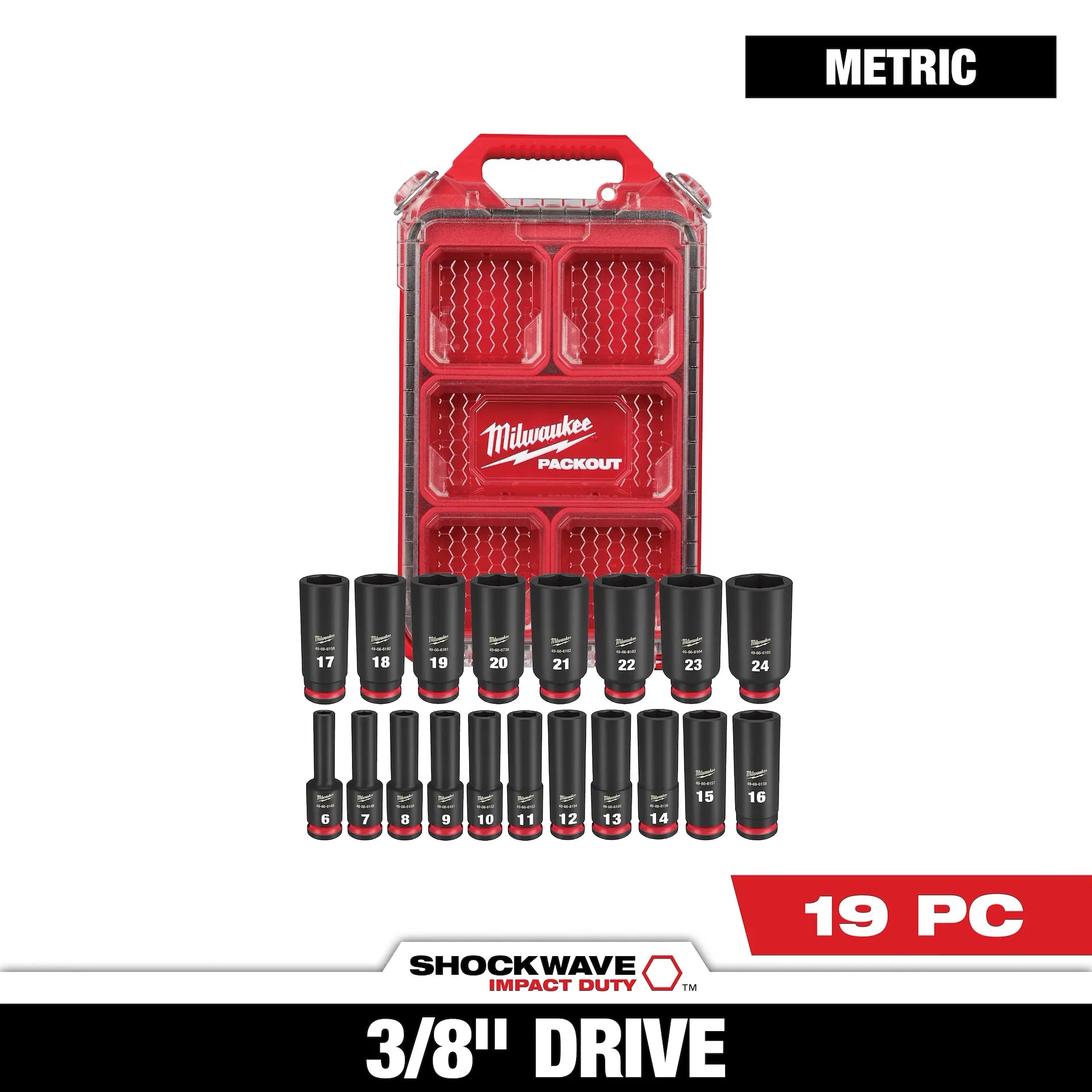 Milwaukee 49-66-6801 - 19PC SHOCKWAVE™ Impact Duty Socket 3/8” Drive MM Set with PACKOUT™