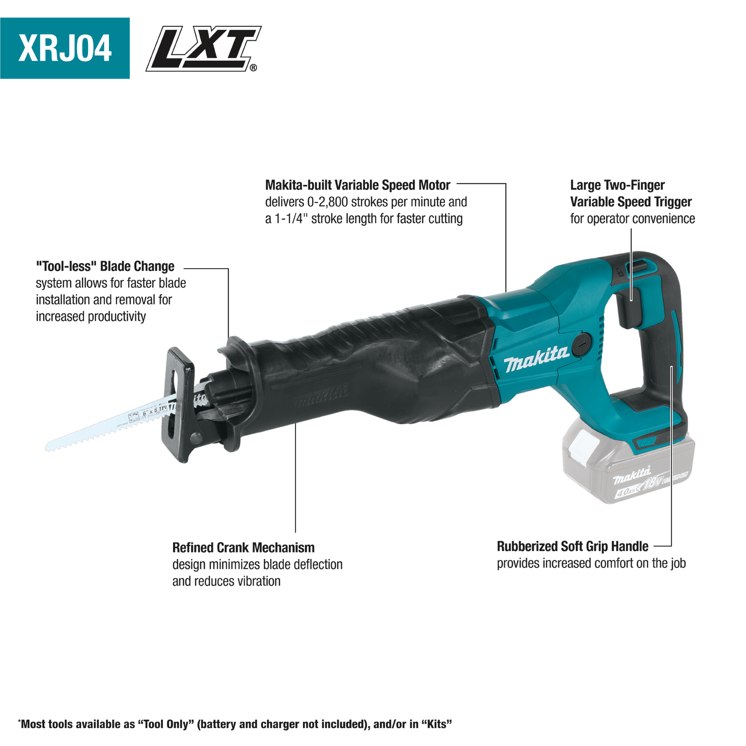 Makita XRJ04T - 18V LXT® Lithium‑Ion Cordless Reciprocating Saw Kit (5.0Ah)