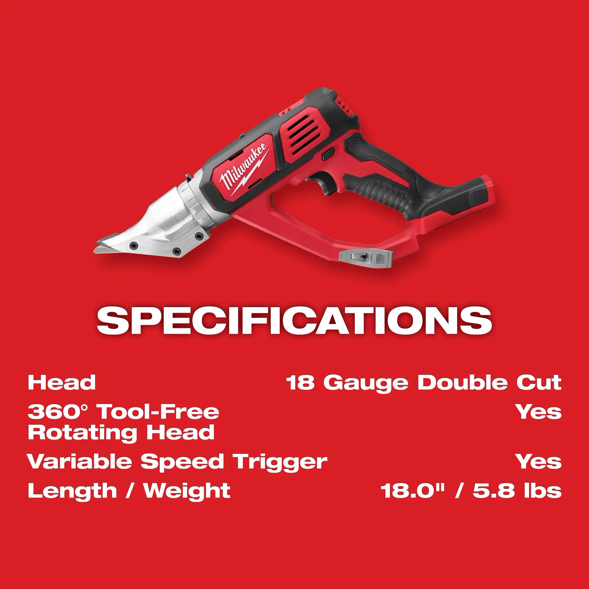 Milwaukee 2635-20 - M18™ Cordless 18 Gauge Double Cut Shear
