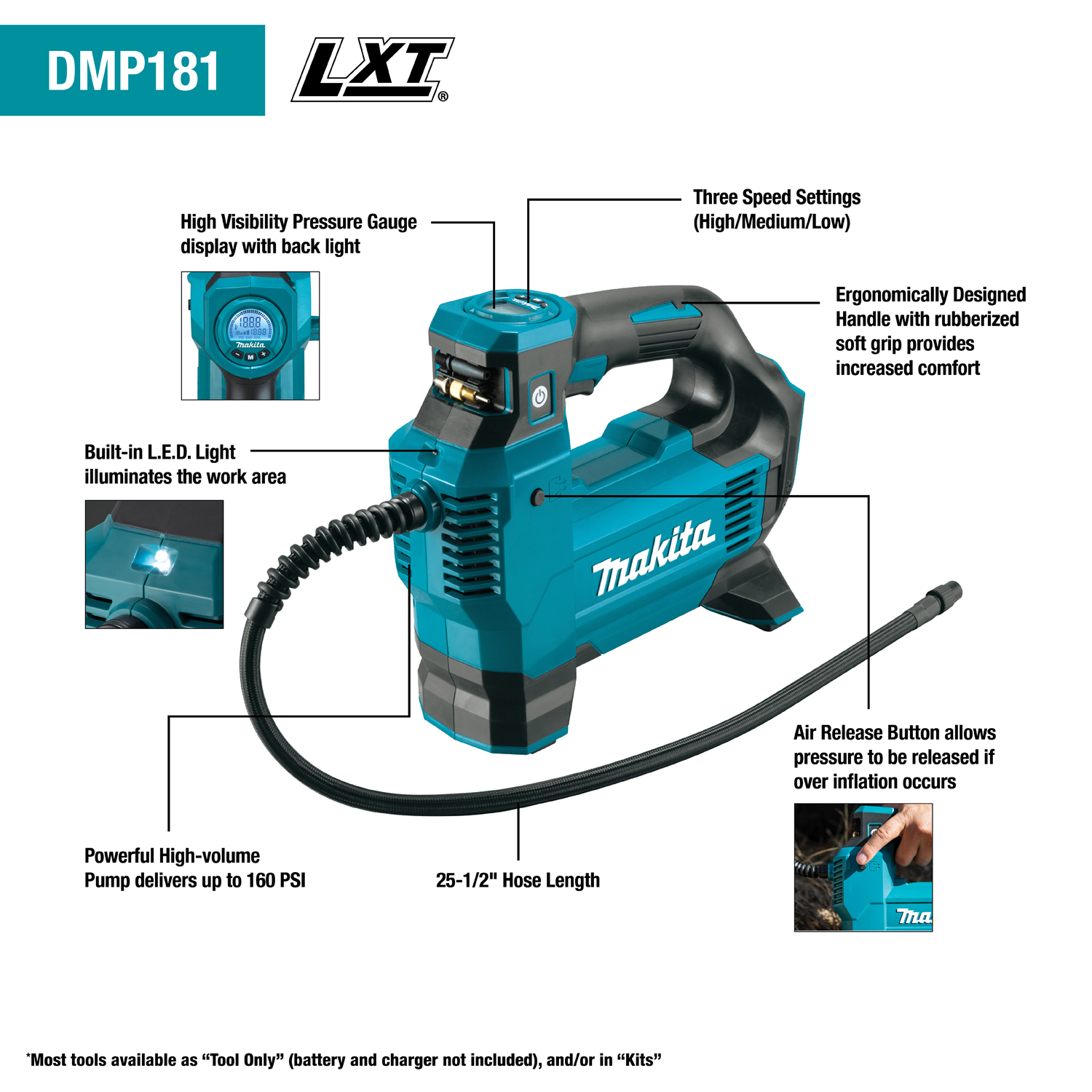 Makita DMP181ZX - 18V LXT® Lithium‑Ion Cordless High‑Pressure Inflator