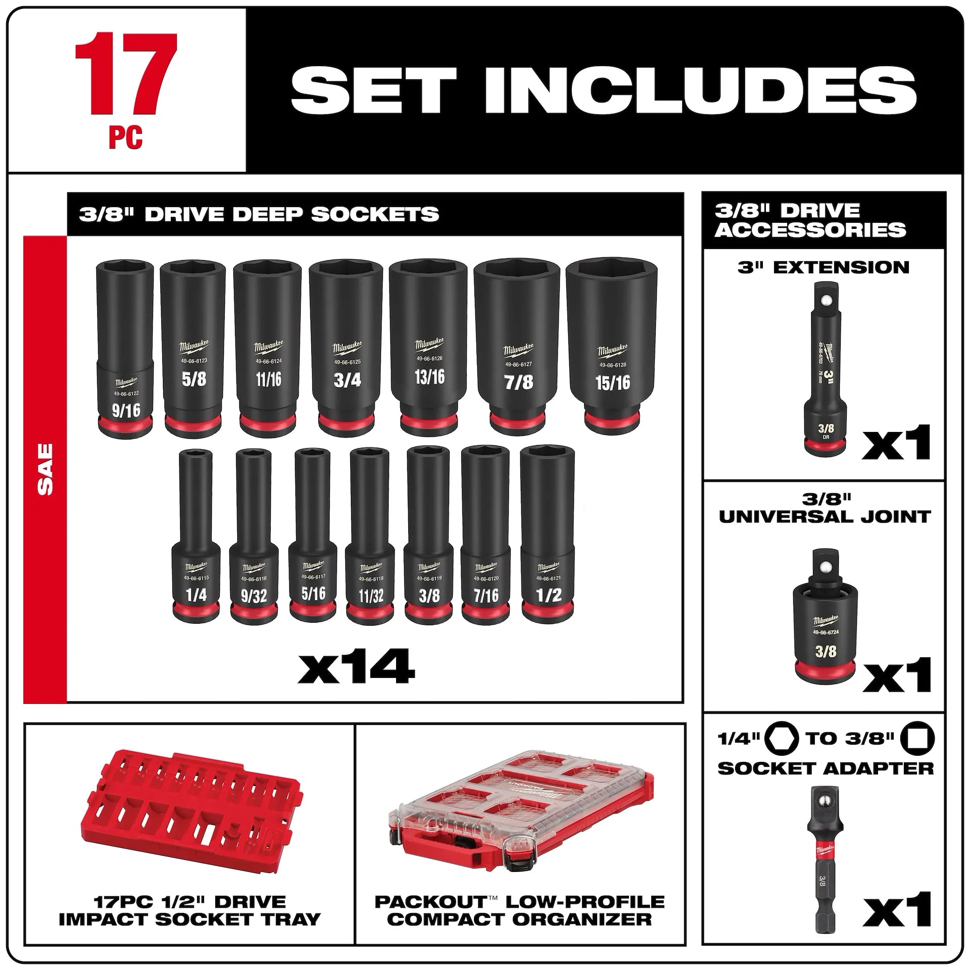 Milwaukee 49-66-6800 - 17PC SHOCKWAVE™ Impact Duty Socket 3/8” Drive SAE Set with PACKOUT™