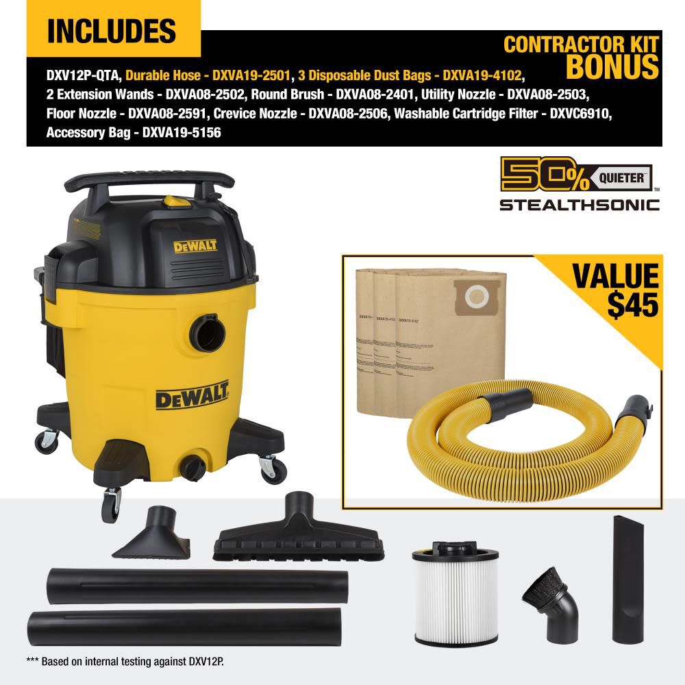 DEWALT DXV12P-QTA - 12 Gallon StealthSonic Wet/Dry Vacuum