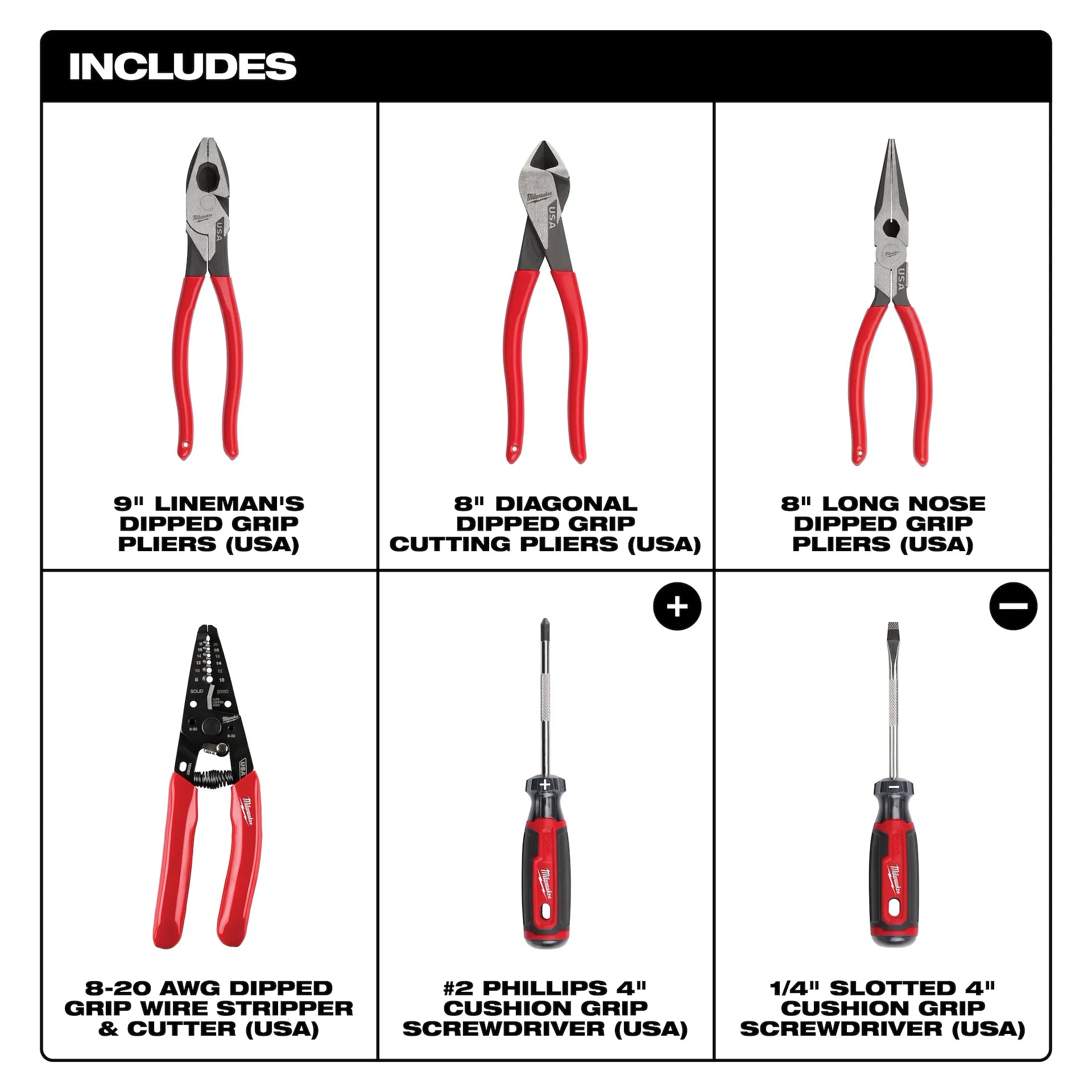 Milwaukee MT500-6 - 6 PC. Dipped Grip Cutting Pliers, Wire Stripper, & Cushion Grip Screwdrivers Set (USA)