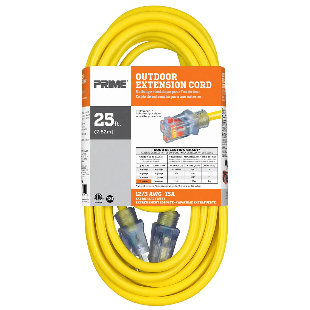 PRIME EC511825 - 25ft 12/3 SJTW Jobsite® Outdoor Extension Cord