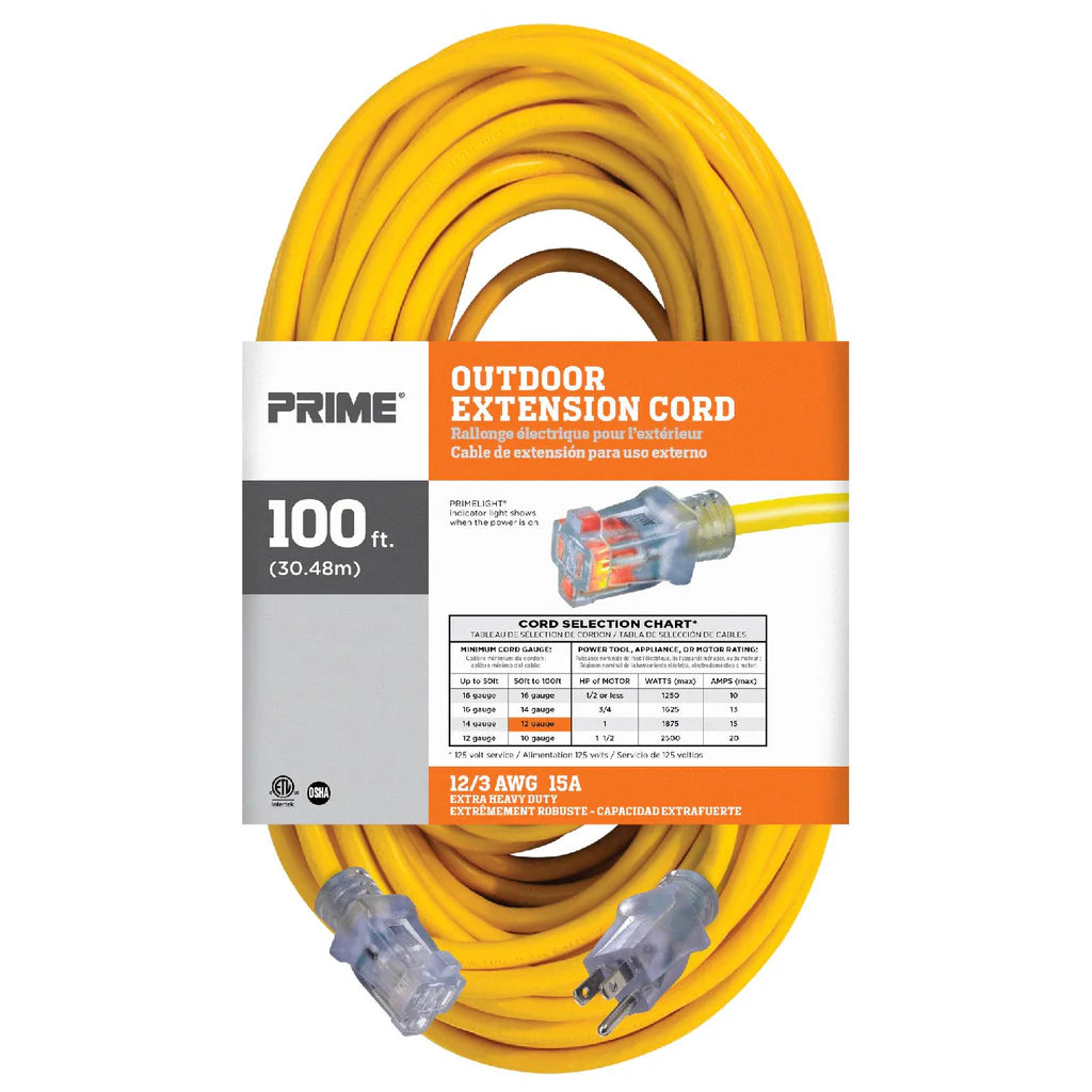 PRIME EC511835 - 100ft 12/3 SJTW Jobsite® Outdoor Extension Cord