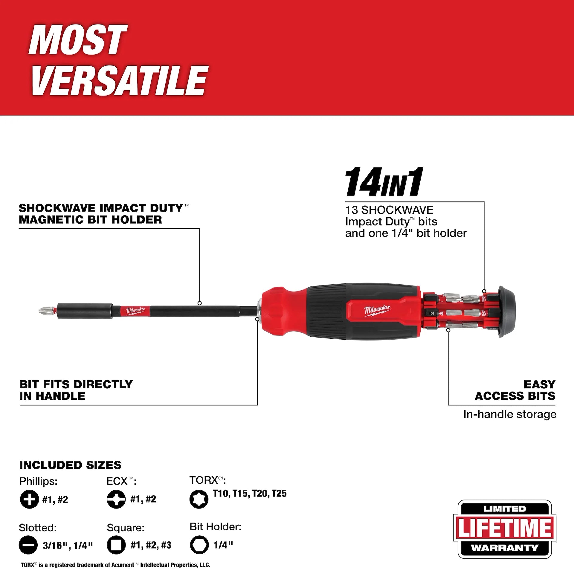 Milwaukee 48-22-2915 - 14-IN-1 Multi-Bit Screwdriver w/ SHOCKWAVE Impact Duty Bits