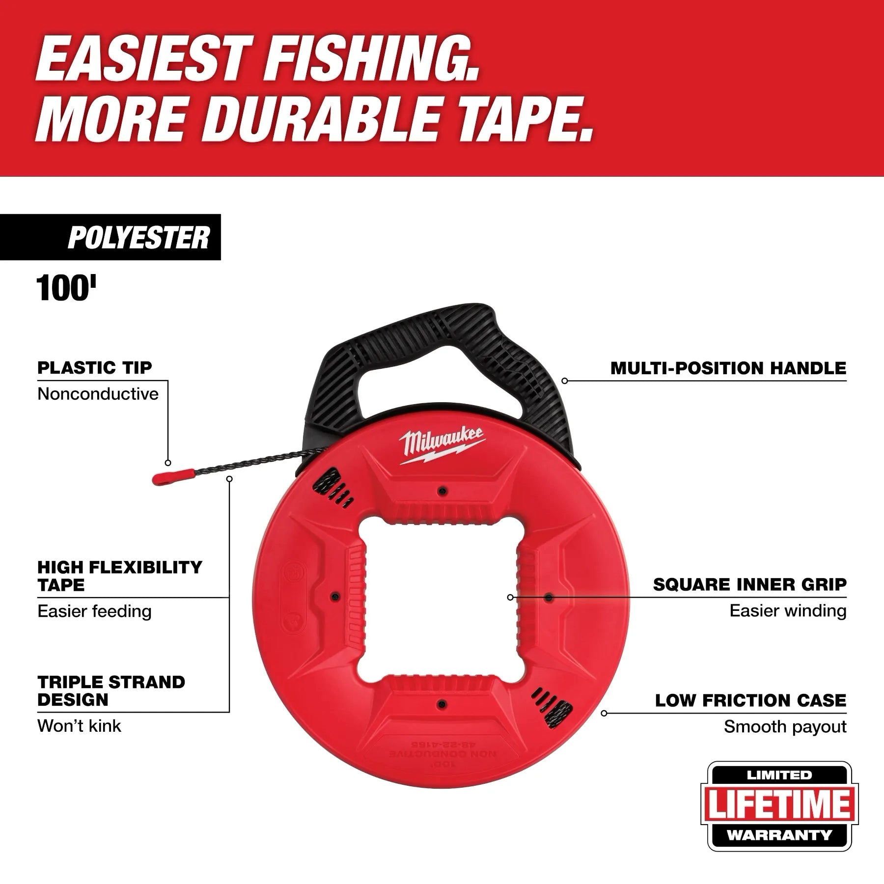 Milwaukee 48-22-4165 - 100’ Polyester Fish Tape with Nonconductive Tip
