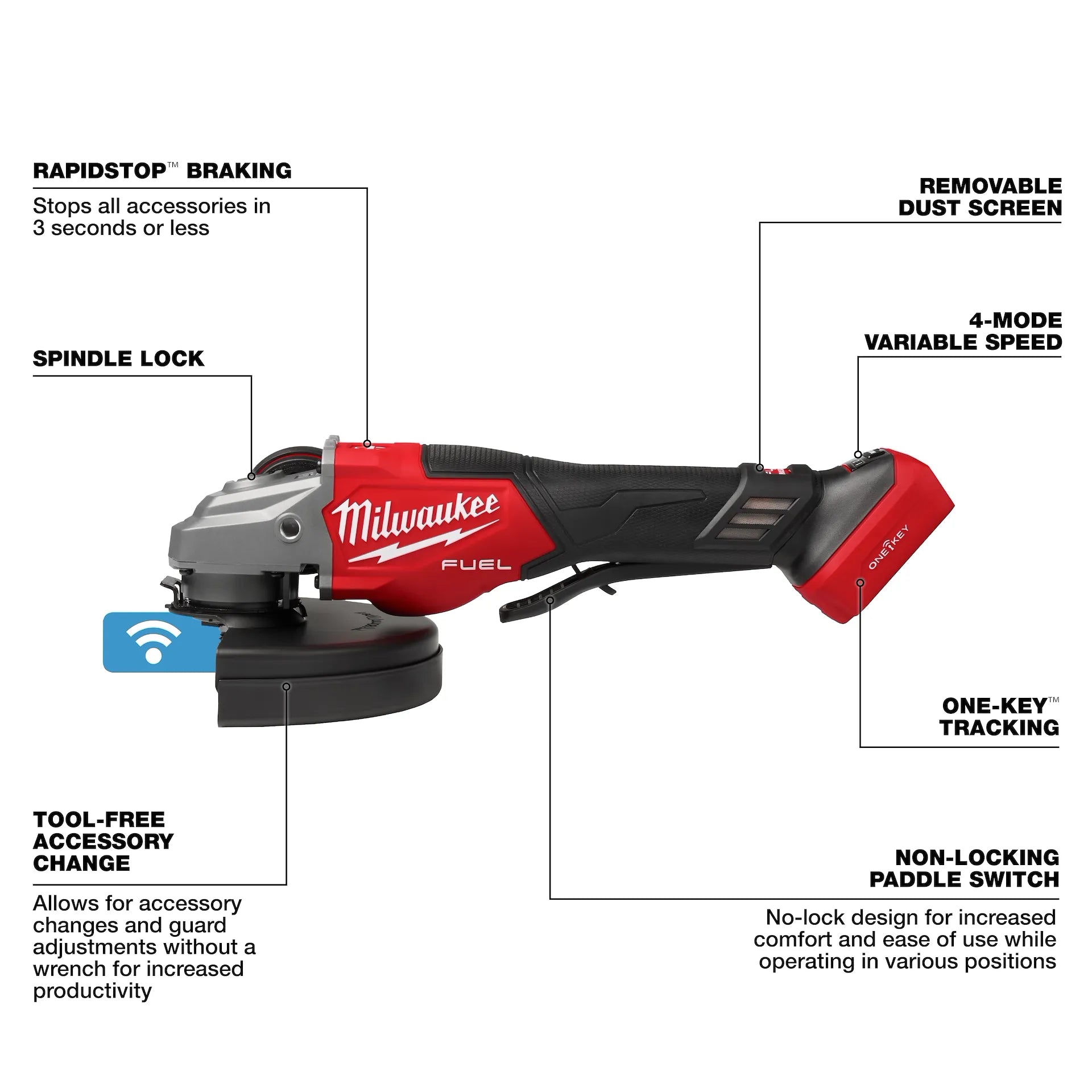 Milwaukee 3674-20 - M18 FUEL™ 4-1/2"-7" Variable Speed Braking Grinder, Paddle Switch w/ ONE-KEY™