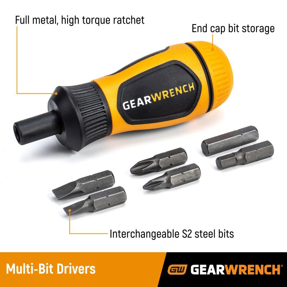 Gearwrench 80061R - Multi Bit Driver Stubby Ratcheting 6 in 1
