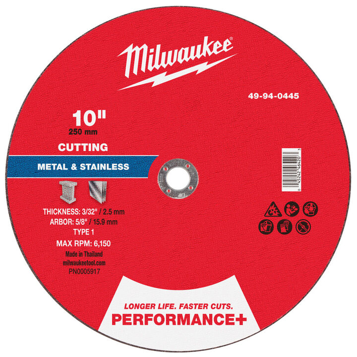 Milwaukee 49-94-0445 - 10" x 3/32" x 5/8" Performance+ Metal Cut Off Wheel - Type 1