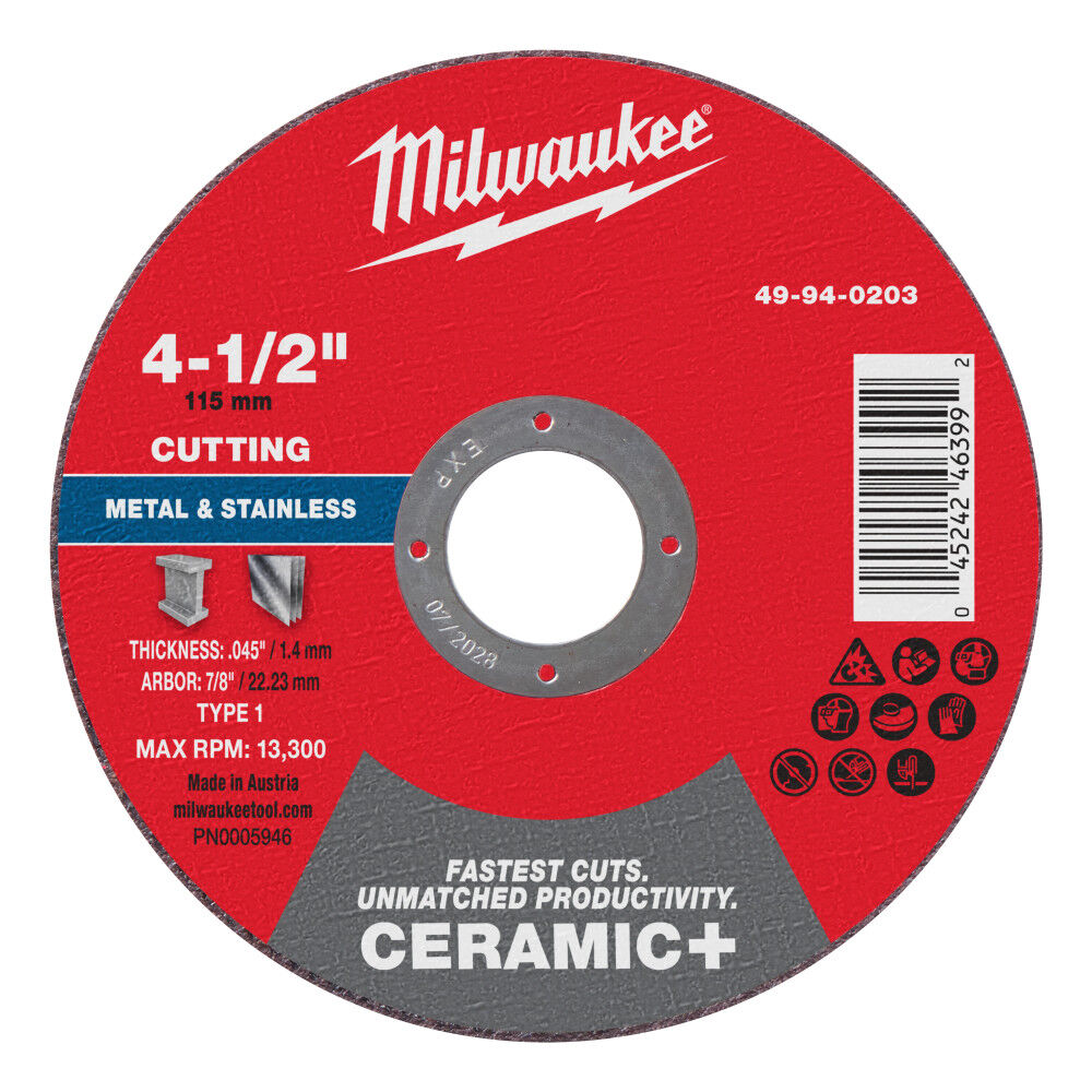 Milwaukee 49-94-0203 - 4-1/2" x .045" x 7/8" Ceramic+ Metal Cut Off Wheel -Type 1