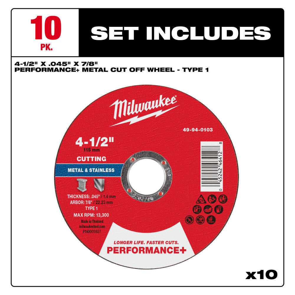 Milwaukee 49-94-0101 - 4-1/2" x .045" x 7/8" Performance+ Metal Cut Off Wheel - Type 1 - 10pk