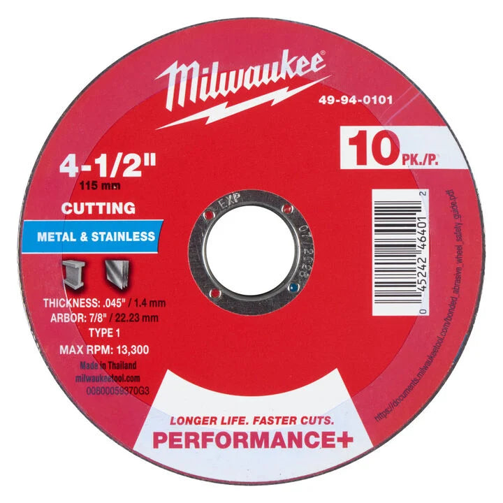 Milwaukee 49-94-0101 - 4-1/2" x .045" x 7/8" Performance+ Metal Cut Off Wheel - Type 1 - 10pk