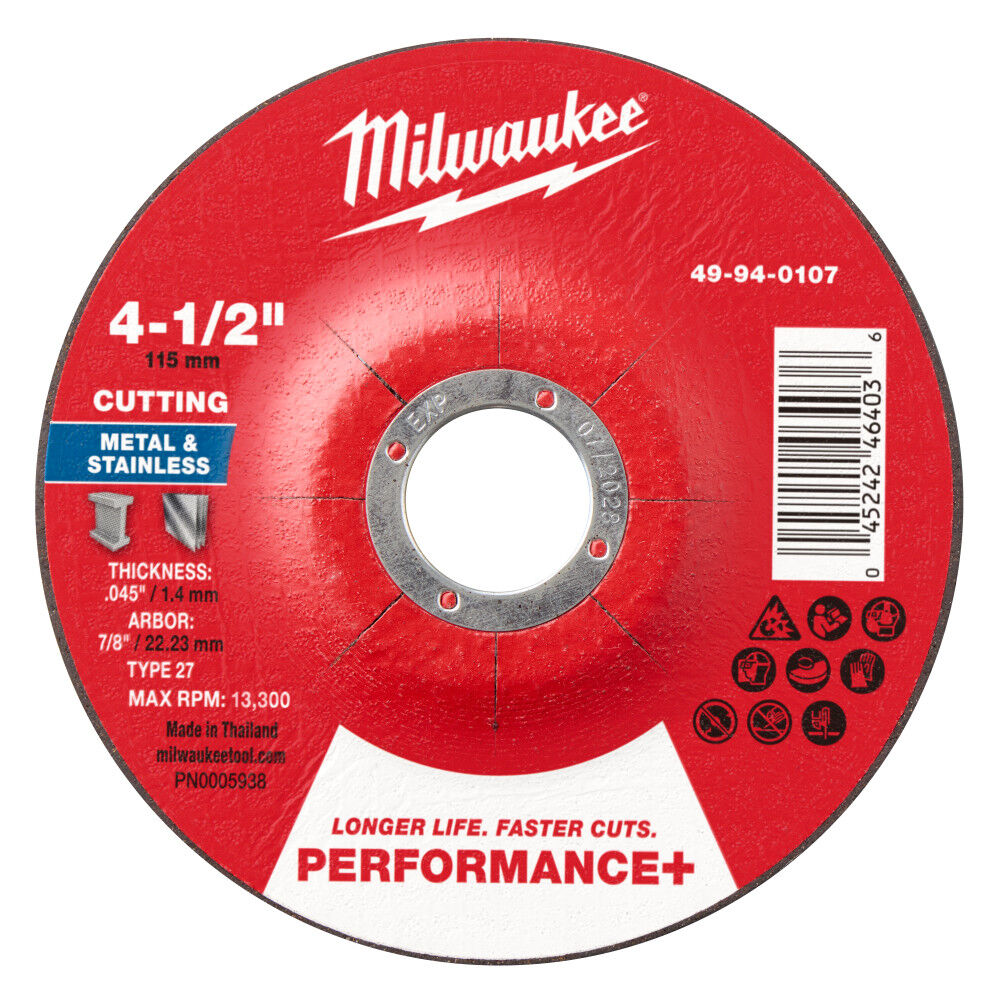 Milwaukee 49-94-0107 - 4-1/2" x .045" x 7/8" Performance+ Metal Cut Off Wheel - Type 27